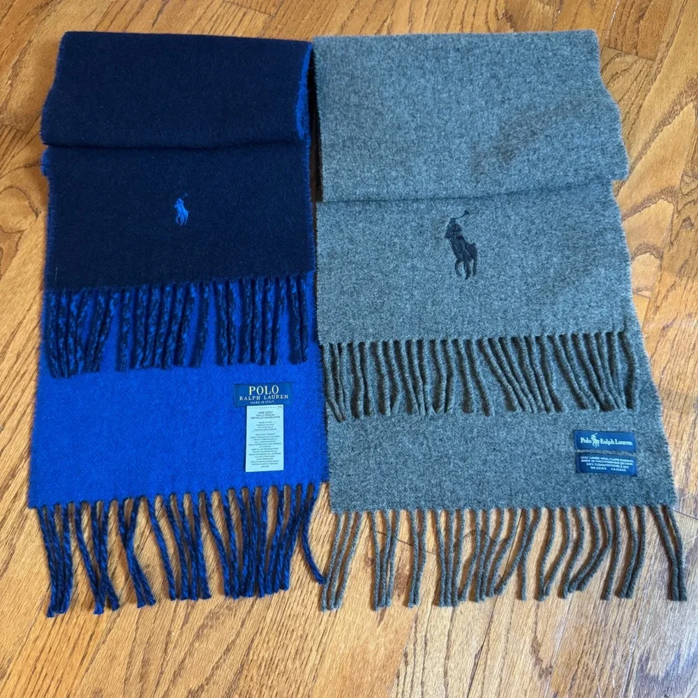 Polo Ralph Lauren Scarf Lot 2 Made in Italy Lambswool Virgin Wool Pony Logo Luxe